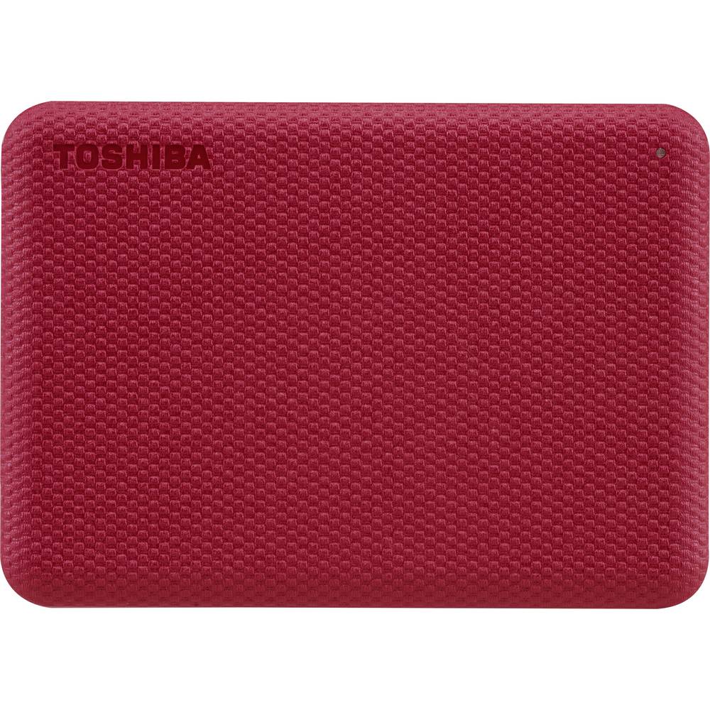 Red Toshiba Canvio Advance External Hard Drive with a textured surface, featuring a compact design and USB 3.0 connectivity, offering 2 TB of storage capacity.