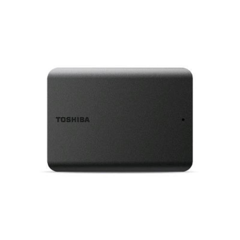 Toshiba Canvio Basics portable hard drive in sleek black, featuring a smooth plastic exterior, compact design, and a capacity of 4TB for ample storage.