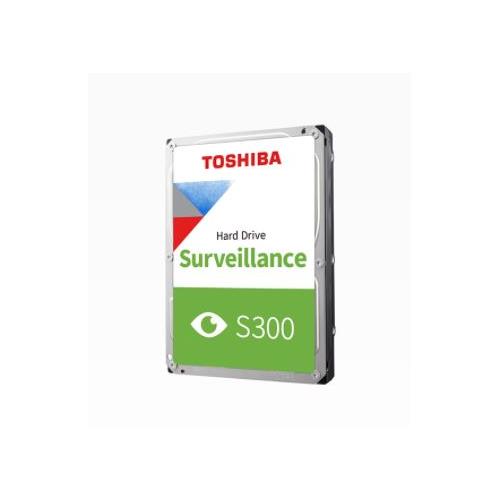 Toshiba S300 Surveillance hard drive with a sleek silver metal casing, featuring a green and blue label, indicating 4TB capacity and 5400RPM speed.
