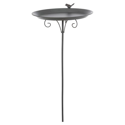 Metal bird bath with a sleek black finish, featuring a shallow bowl supported by a slender pole and decorative scrollwork, topped with a small bird figurine.