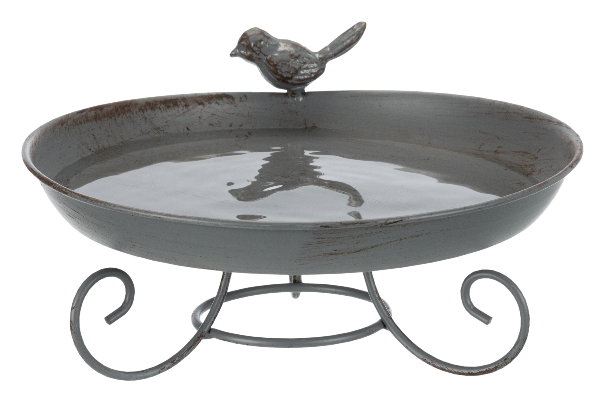 Free-standing metal birdbath in a rustic gray finish, featuring a decorative bird on the rim and elegant curved legs for support.