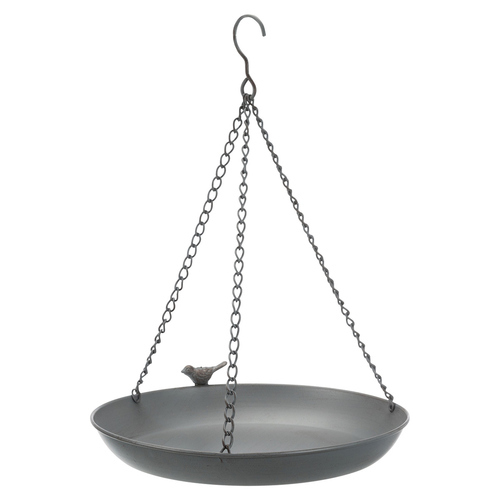 Gray metal hanging birdbath with a decorative bird accent, suspended by a chain and hook for easy installation in outdoor spaces.