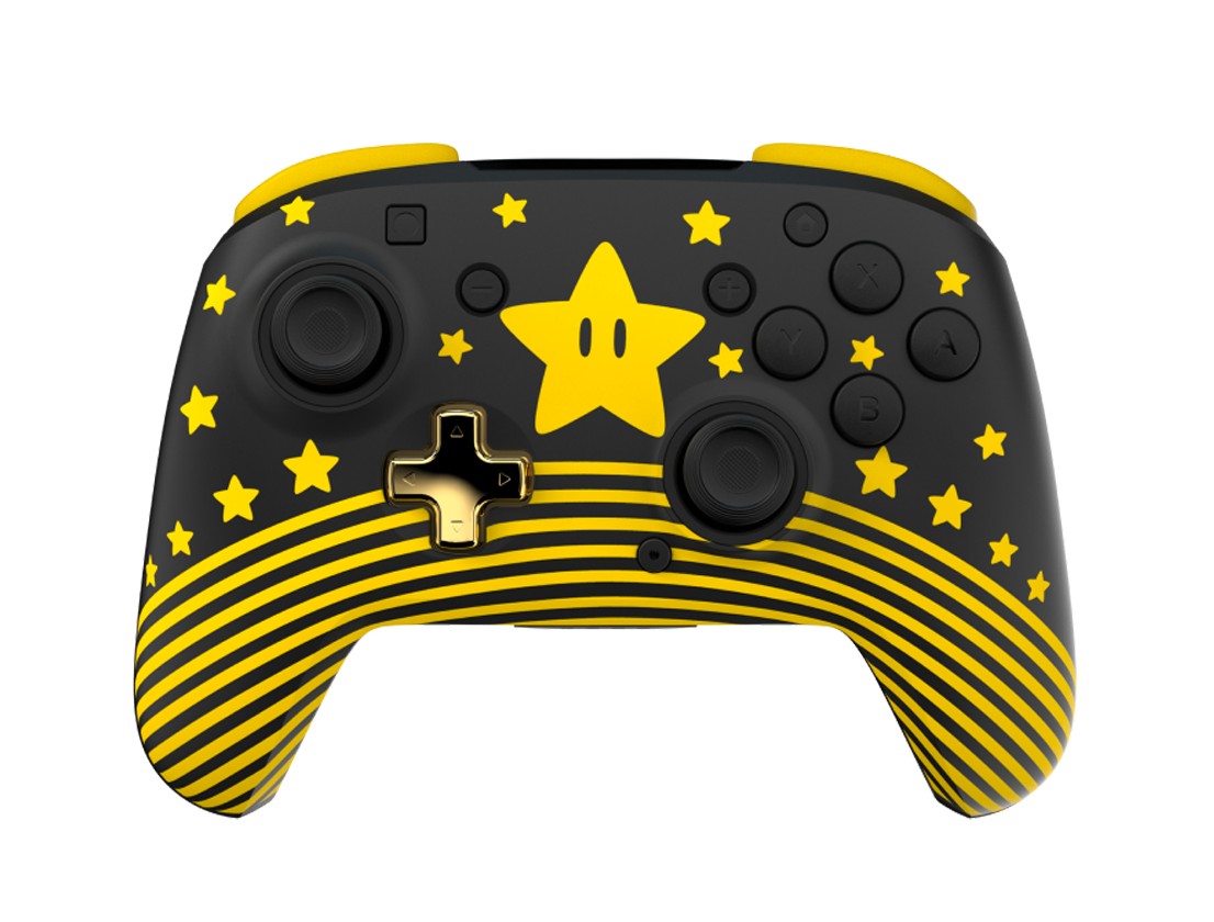 Wireless gaming controller featuring a black body with yellow stripes and star designs, a gold accent on the joystick, and buttons for Nintendo Switch and Switch 2.