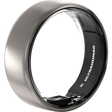 Sleek silver smart ring with a smooth finish, featuring a black interior marked with "ULTRAHUMAN," designed for sleep and fitness tracking, size 7, with up to 6 days battery life.
