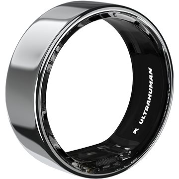 Sleek silver smart ring with a glossy finish, featuring a black interior and "ULTRAHUMAN" branding, designed for sleep and fitness tracking, size 10.
