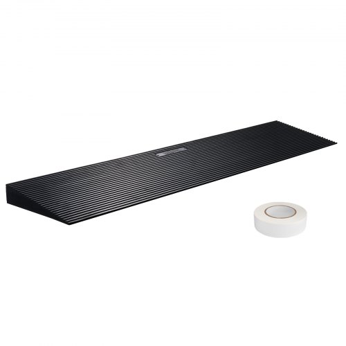 Black rubber threshold ramp, 90 cm wide with a non-slip surface and ribbed texture, includes double-sided tape for secure placement, designed for sweeping robots and wheelchairs.