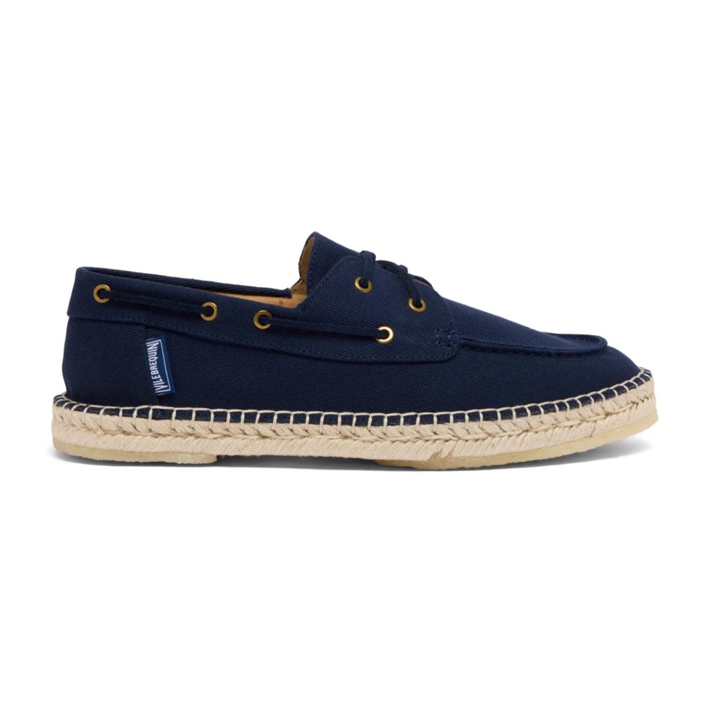 Blue canvas loafers by Vilebrequin, featuring a classic design with gold eyelets, a natural jute sole, and a small logo tag on the side, in size 43.