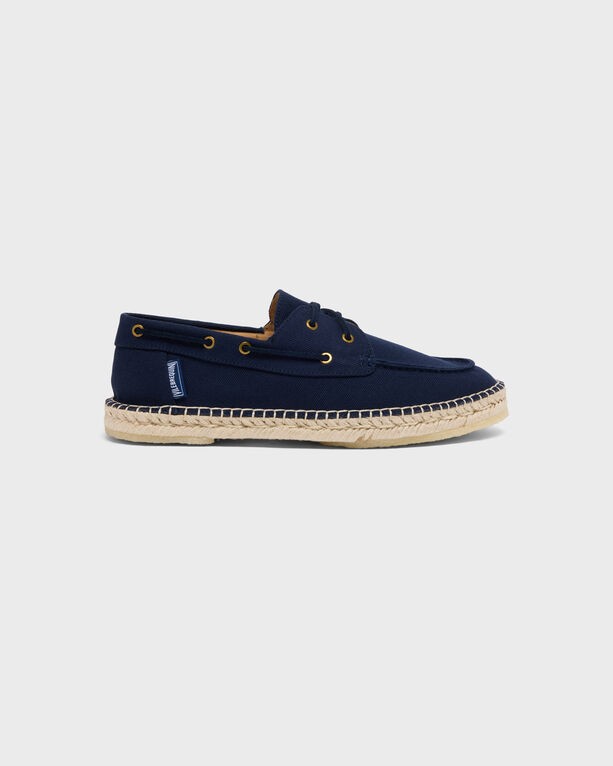 Blue canvas loafers by Vilebrequin with a solid design, featuring gold eyelets, a brown interior, and a jute sole, sized 45.