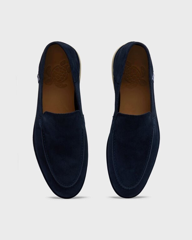 Blue suede loafers by Vilebrequin, featuring a slip-on design and a smooth leather insole, labeled as "Claude" in size 45.