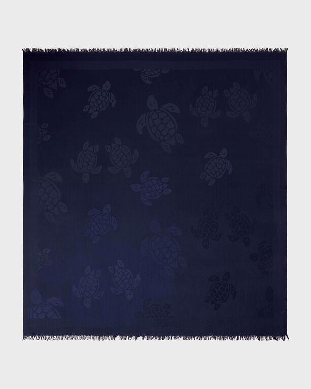 Blue Vilebrequin Ronde Des Tortues scarf featuring a subtle turtle pattern, made from soft fabric with fringed edges, size OSFA.
