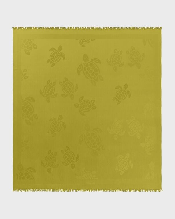 Green square scarf featuring a subtle turtle pattern, crafted from soft material with fringed edges, designed by Vilebrequin in a one-size-fits-all style.