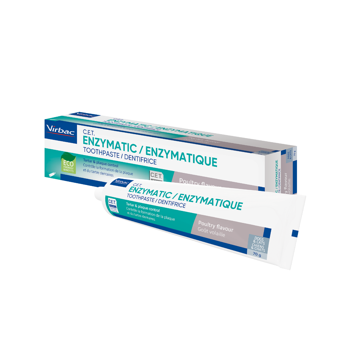 Virbac enzymatic toothpaste for dogs in poultry flavor, packaged in a white and blue box, with a white tube featuring green and blue text, 70g size.