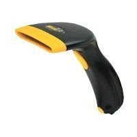 Black and yellow handheld CCD scanner with a curved design, featuring a trigger button and a wide scanning head for barcode reading.