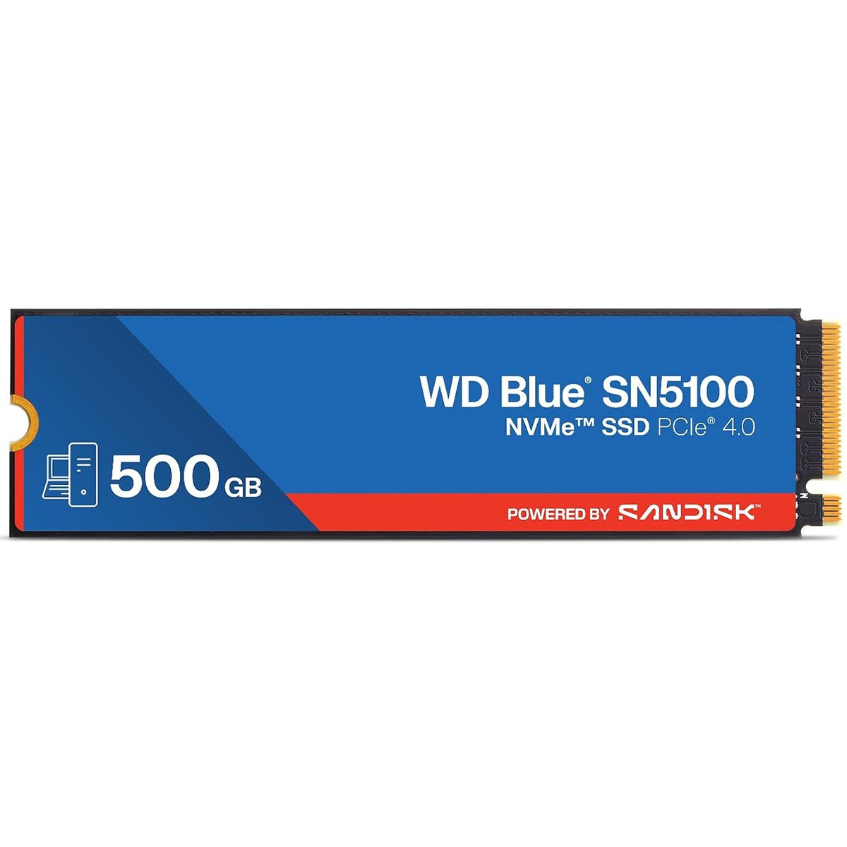500GB WD Blue SN5100 NVMe SSD in a sleek black and blue design, featuring PCIe Gen 4 interface and M.2 form factor for high-speed internal storage.