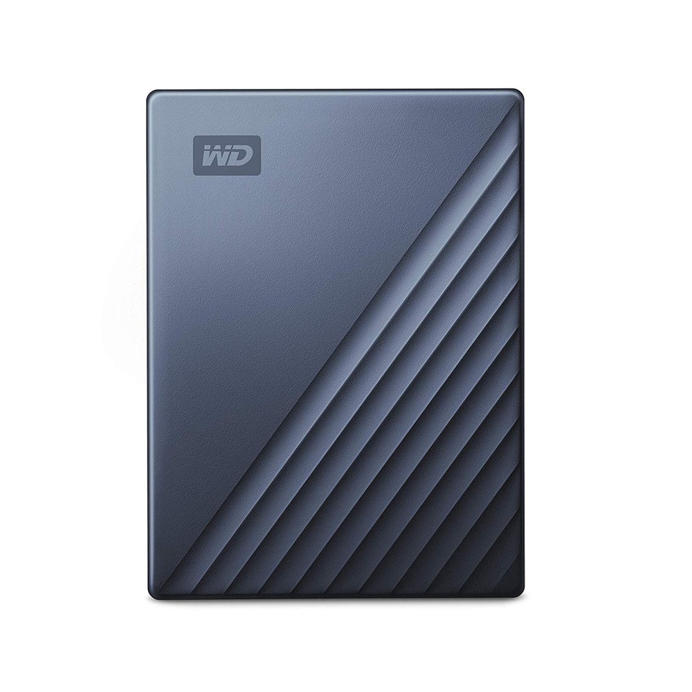 Blue Western Digital My Passport Ultra External Hard Drive, featuring a sleek design with a textured surface and diagonal lines, and equipped with USB Type-C 3.2 Gen 1 connectivity.