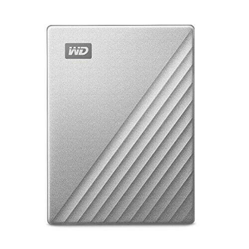 Silver portable external hard drive with a sleek design, featuring a textured diagonal line pattern and the WD logo on the front, designed for USB-C connectivity.