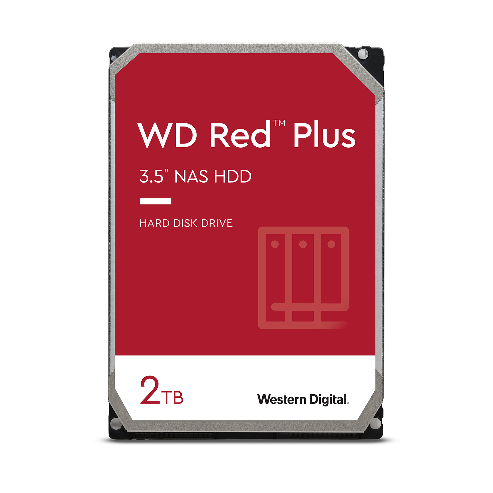 WD Red Plus 2TB NAS internal hard drive with a red and silver design, featuring a 5400 RPM speed, SATA 6 Gb/s interface, CMR technology, and a 64 MB cache.