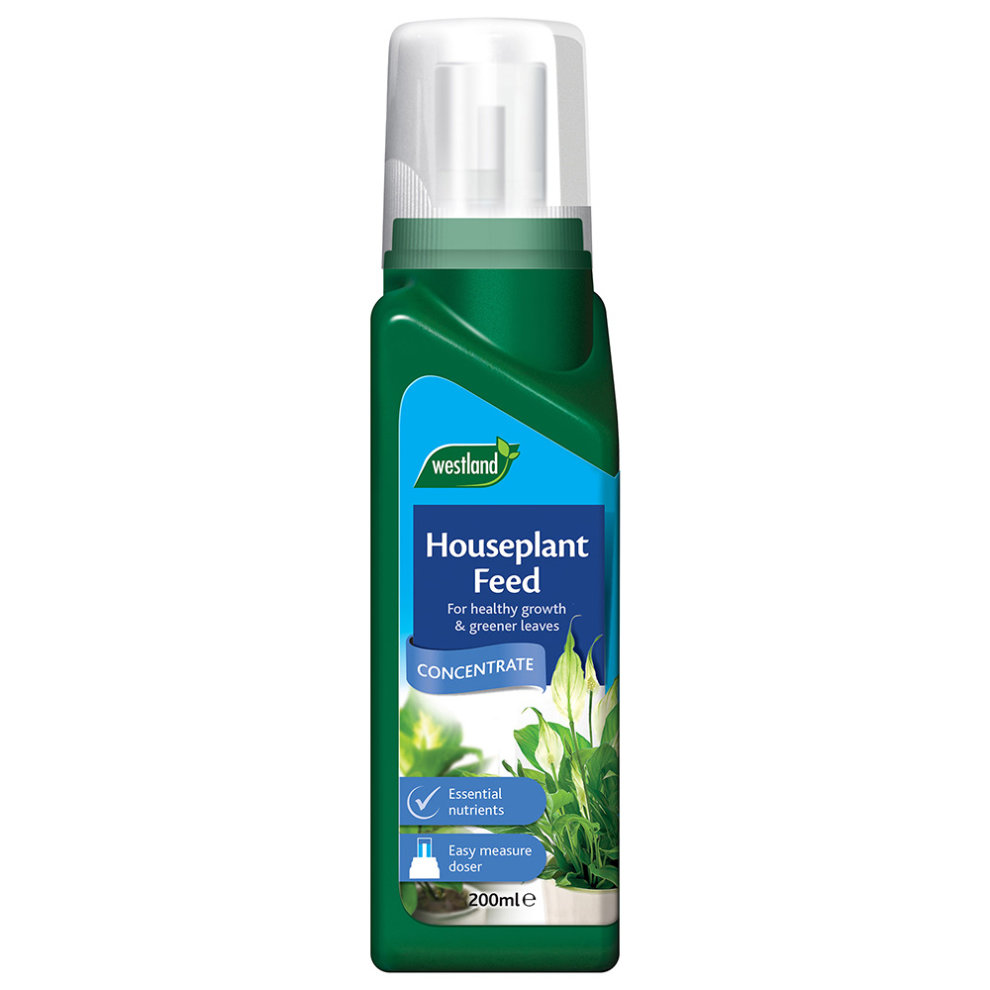 Green plastic bottle of Westland Houseplant Feed Concentrate, 200ml, featuring a spray nozzle, blue label with white text, and images of green leaves, designed for healthy plant growth.