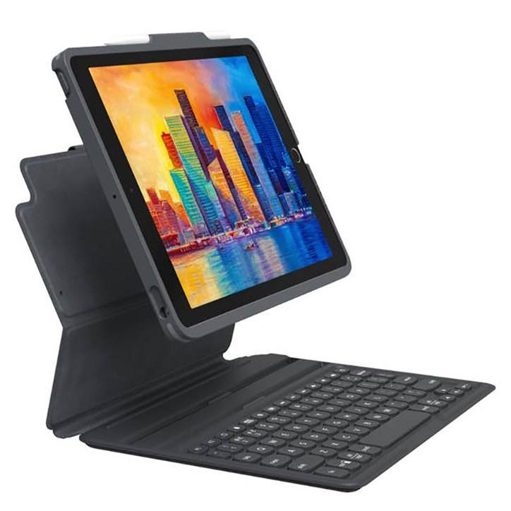ZAGG Pro Keys keyboard case for Apple iPad 10.2 in black and grey, featuring a detachable keyboard, adjustable stand, and a sleek design for enhanced portability.