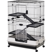 3 tier black metal cage with ramps and platforms, white base, and wheels for small animals like rabbits and ferrets.