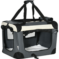 Grey foldable pet carrier with black straps, mesh windows, and soft white cushion for mini dogs and cats.