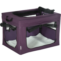 Purple foldable pet carrier with mesh windows, cushion, and handles, suitable for miniature dogs and cats, 60cm size.