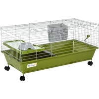 Green small animal cage with wheels, white wire top, elevated platform, food dish, and water bottle holder.