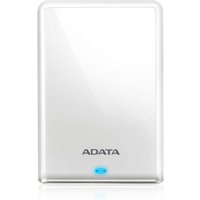 White ADATA HV620S 1TB external hard drive with glossy finish and blue LED indicator.