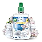 Air Wick Linen & White Orchid spray refill, clear bottle with green nozzle, floral and linen imagery, 228ml.
