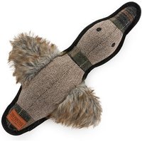 Tweed duck dog toy with brown herringbone fabric, black trim, and faux fur wings by Ancol Heritage.