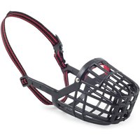 Black plastic Ancol muzzle with red-trimmed adjustable strap and basket design for small dogs.
