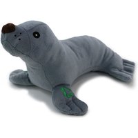 Gray plush seal toy with a brown nose, black eyes, and a green leaf emblem on its flipper.
