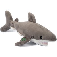 Gray plush shark toy with white belly, embroidered gills, and soft fins, designed for cuddling.