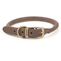Brown Ancol Timberwolf round dog collar with brass buckle and Ancol logo, featuring stitched detailing.