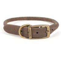 Brown Ancol Timberwolf round dog collar with brass buckle and embossed logo, size small 20 inches.