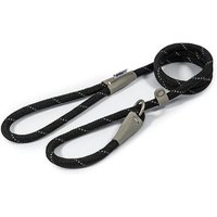 Black Ancol Viva rope slip lead with reflective stitching, 1cm thick, featuring metal loop and adjustable slider.