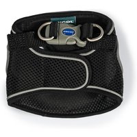 Black Ancol Viva Step In Harness, mesh fabric with reflective trim, adjustable straps, and metal D-rings, 30-36cm size.