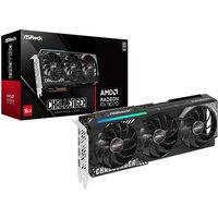 ASRock AMD Radeon RX 9070 graphics card, triple fan design, 16GB GDDR6, black with silver accents, box in background
