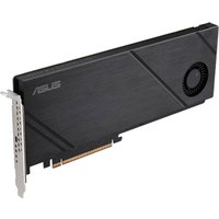 Black ASUS Hyper M.2 x16 Gen5 card with a sleek design, featuring a small cooling fan and PCIe connector.