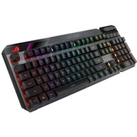 Black ASUS ROG CLAYMORE II gaming keyboard with detachable numpad, RGB backlit keys, and wireless connectivity.