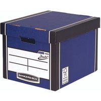 Blue Bankers Box Fellowes Premium Tall Archive Box with black edges and label area, pack of 5.