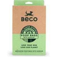 Beco Pets box of large unscented poop bags, 120 count, with handles, in eco-friendly green and brown packaging.