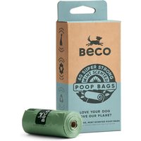 Beco Recycled Poop Bags, mint green, 60-count, mint scented, eco-friendly packaging with dog logo and text.