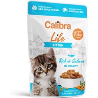 Calibra Cat Life Kitten pouch, salmon in gravy, 85g, features a kitten image and blue accents on a white background.