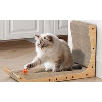 Wooden cat scratching post with beige sisal mat, curved backrest, and orange ball toy.