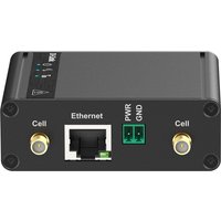 Black D-Link 5G NR M2M modem with Ethernet port, dual cell connectors, and power input for EV charging.