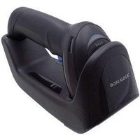 Black Datalogic Gryphon GM4200 1D scanner with ergonomic handle and USB connectivity in charging cradle.