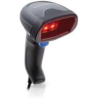 Black Datalogic QuickScan QD2500 handheld barcode reader with red scanning light and ergonomic grip.