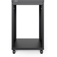 Black Digitus 19-inch equipment rack with castors, 16U capacity, open frame, perforated sides, and sturdy base.