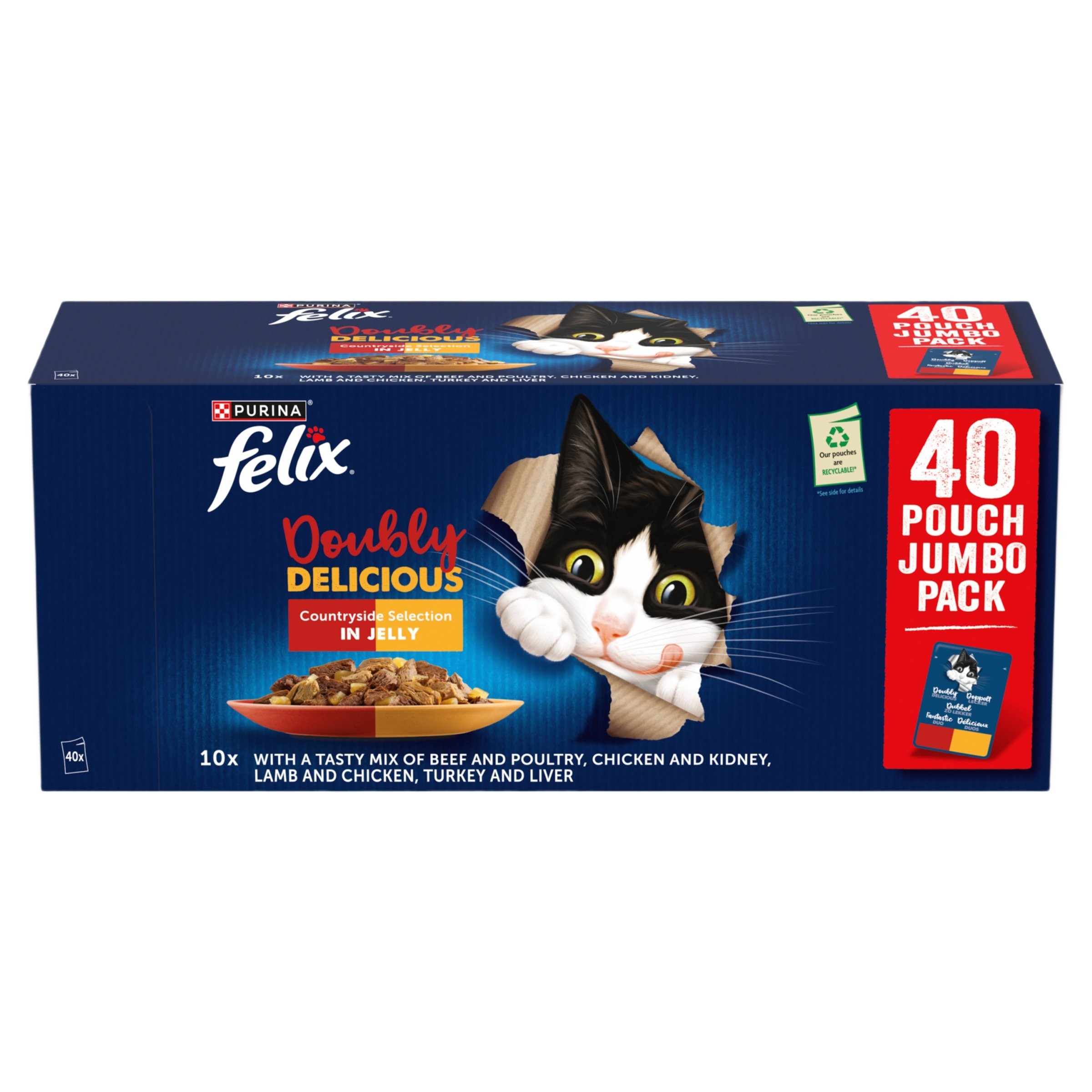 Bright blue box featuring a playful black and white cat peeking out, labeled "Felix Doubly Delicious" with a countryside selection in jelly, containing 40 pouches of wet cat food.